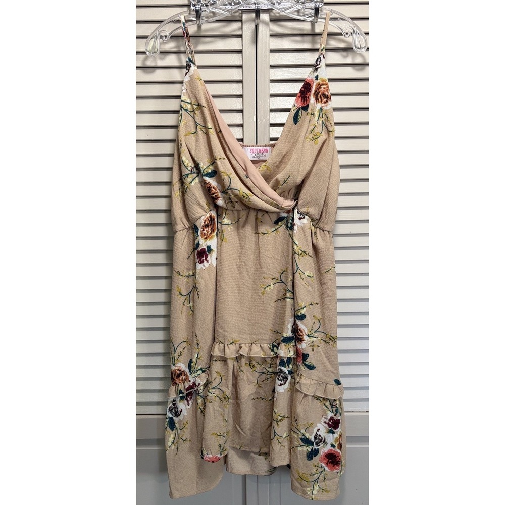Southern Fried Chics Floral Dress Tan Lined Size 2XL Faux Wrap Adj Straps Boho